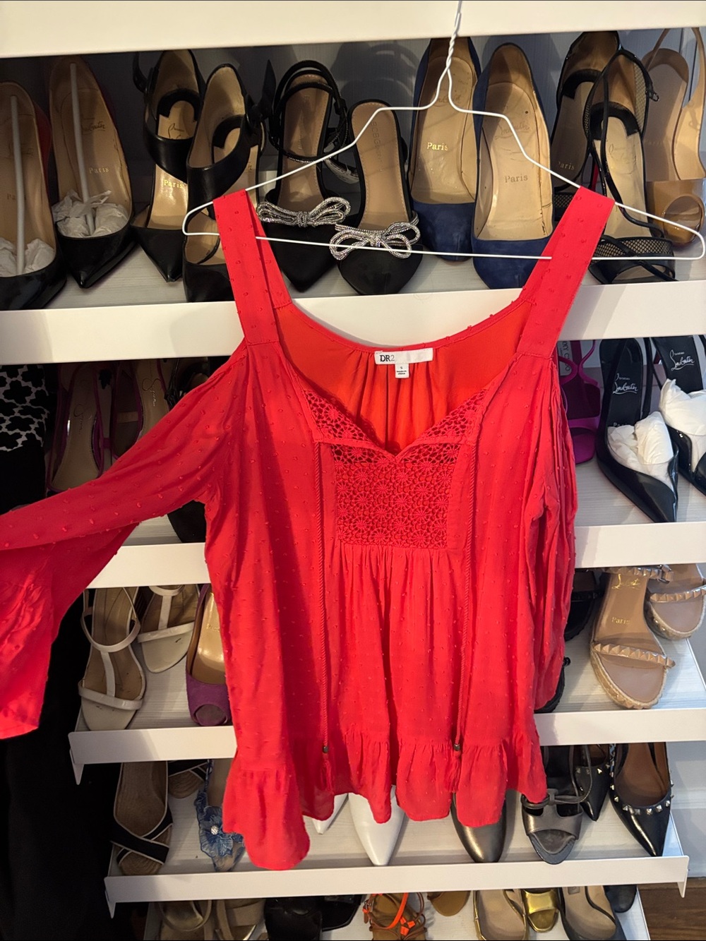 DR2 Bright Red Cold-Shoulder Crochet Peasant Tunic